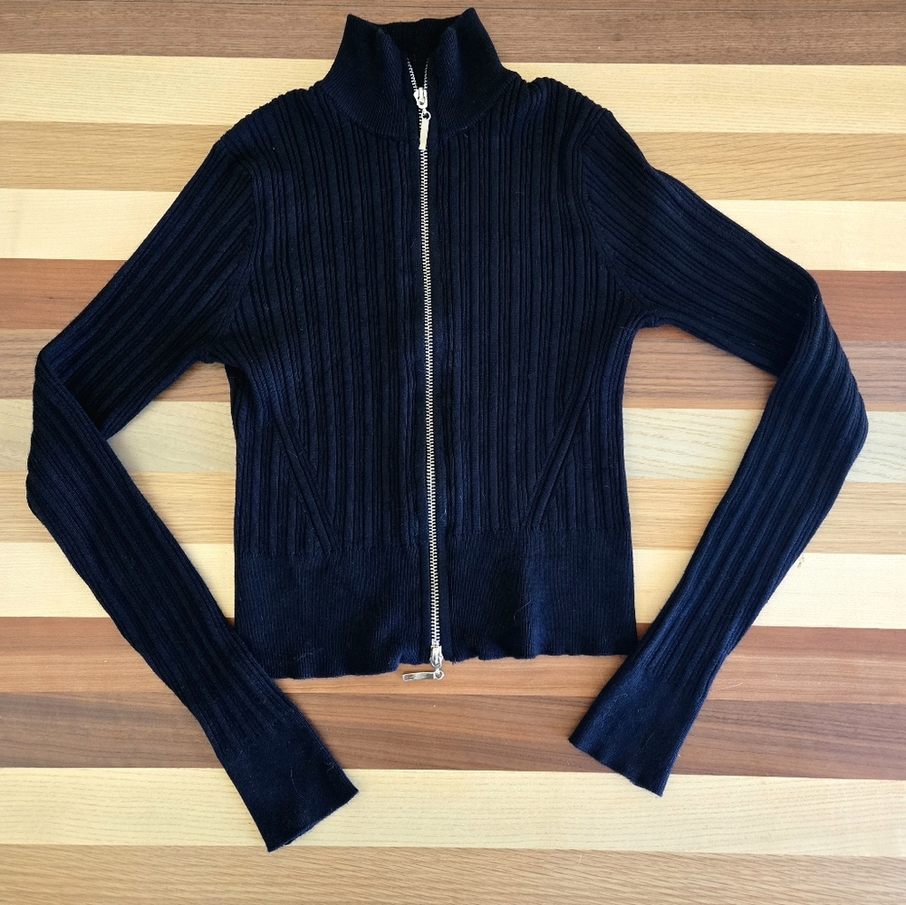 Hippie Rose Womens Rib Knit Full Zip Sweater In Black Size XS Like New